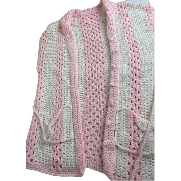 Vtg Hand Crochet Cardigan Sweater Size Lg Duster Pockets Pink White Cottagecore - Picture 7 of 12